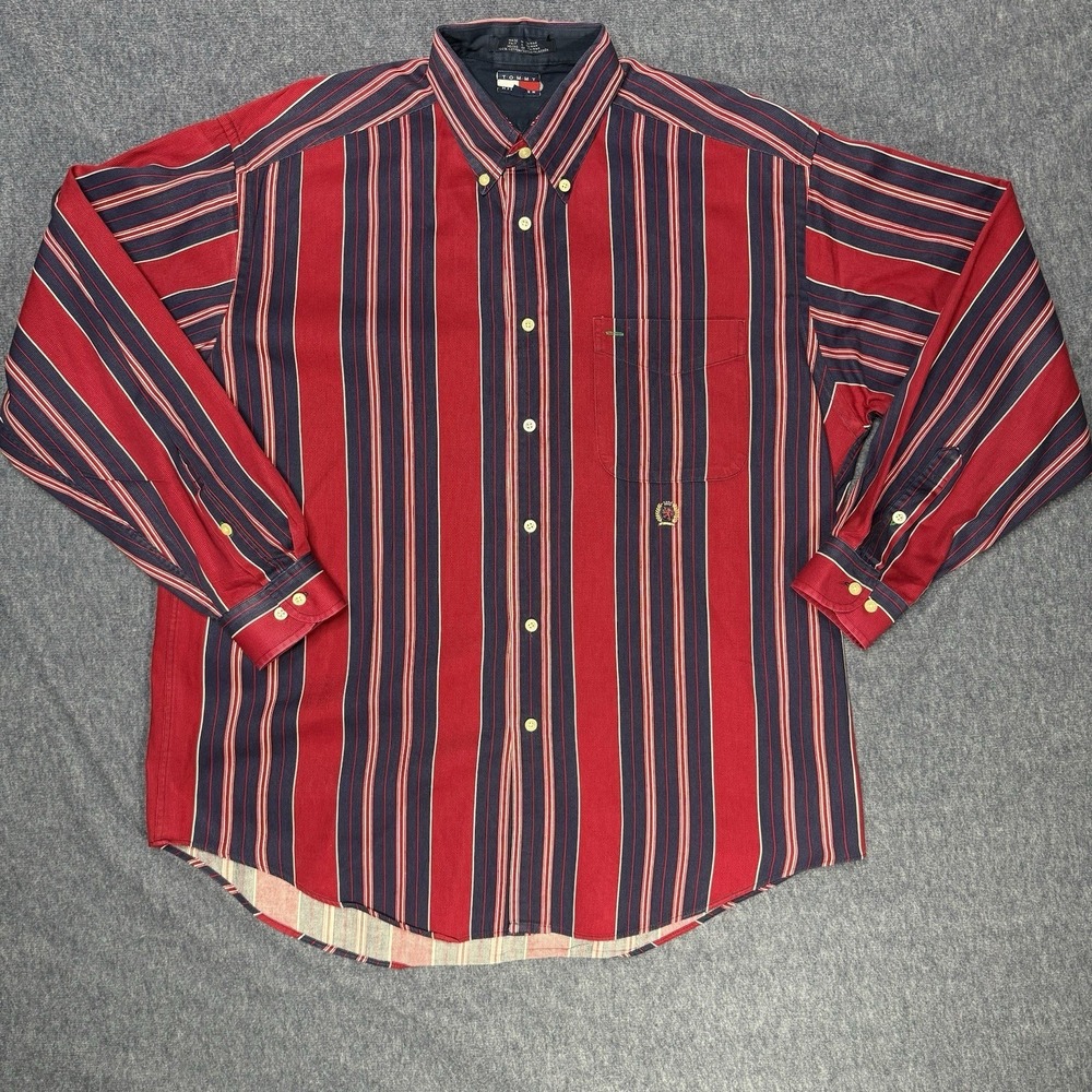 Tommy Hilfiger Mens Large Red Navy Striped Button Down Shirt Long Sleeve Cotton